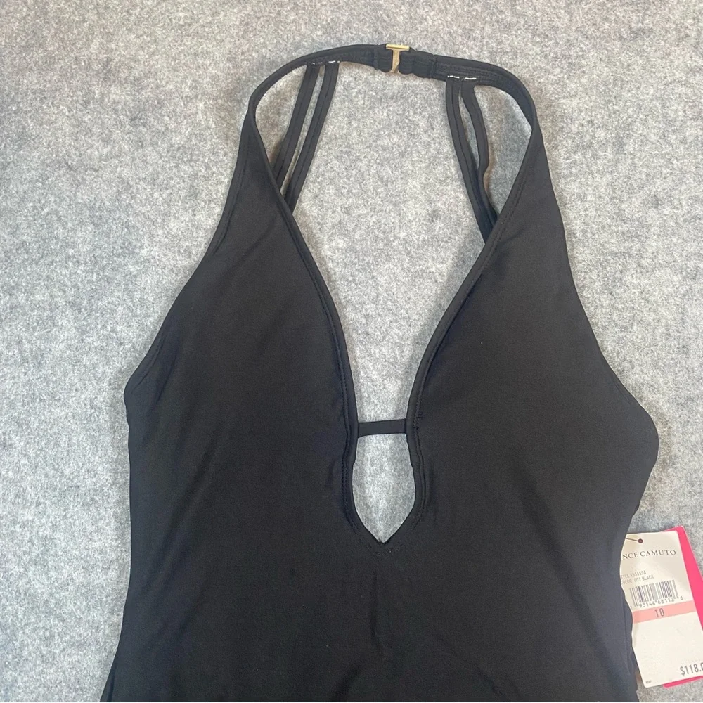 NWT Vince Camuto Plunge Neck Halter Open Back One-Piece Swimsuit Size 10 Black - Picture 5 of 12